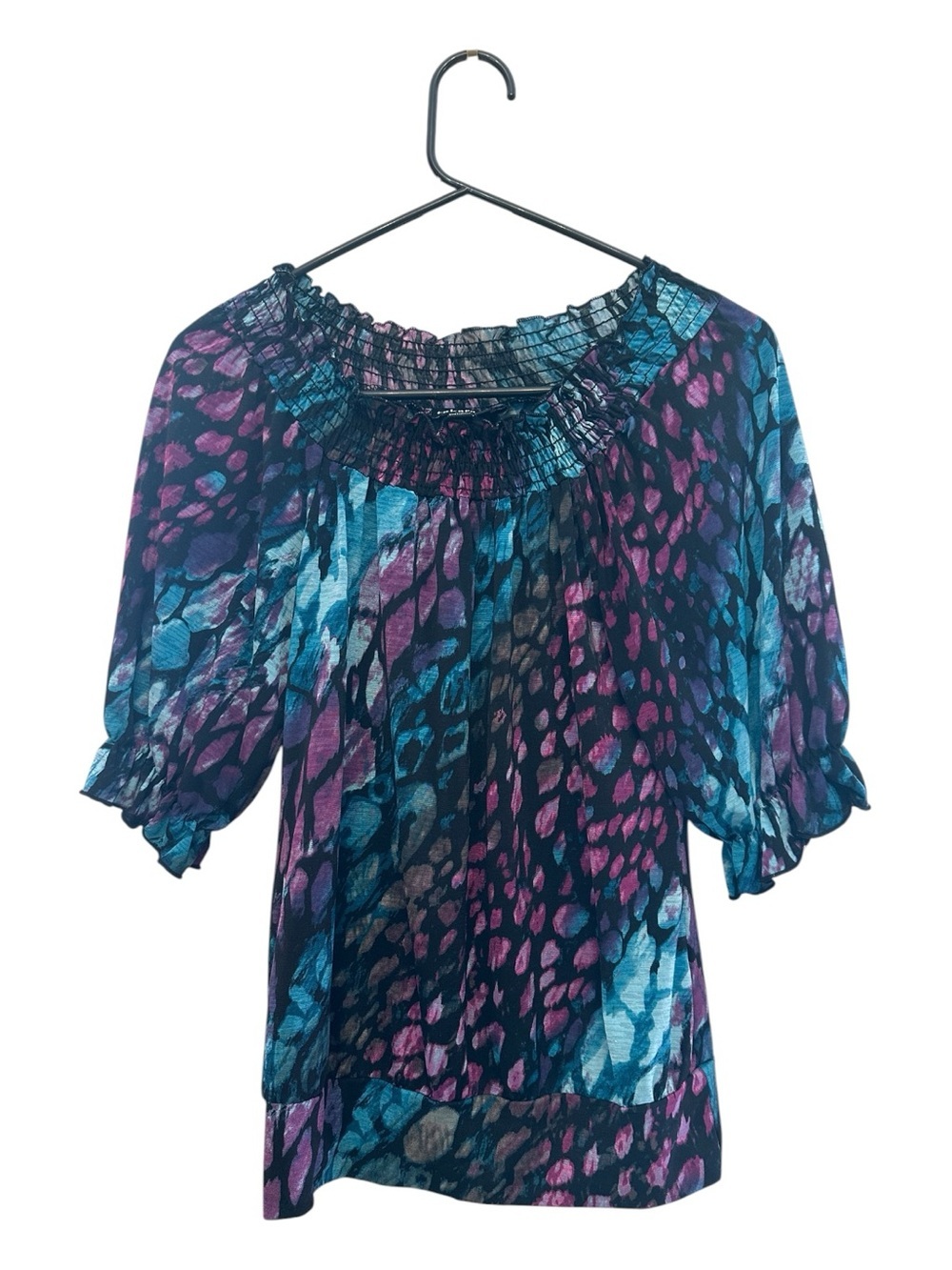 Vintage Y2K Era Takara Blue & Purple Printed Off-Shoulder Blouse Size Small